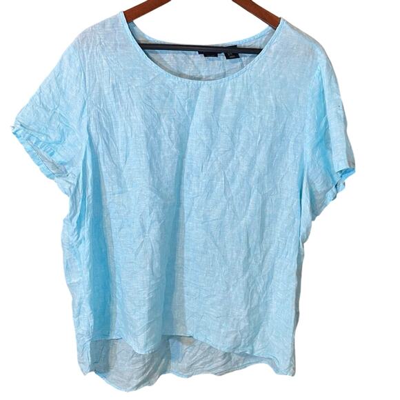Tahari 100% Linen Top Women’s 1X Aqua Blue Short Sleeve Blouse classic - Picture 1 of 6